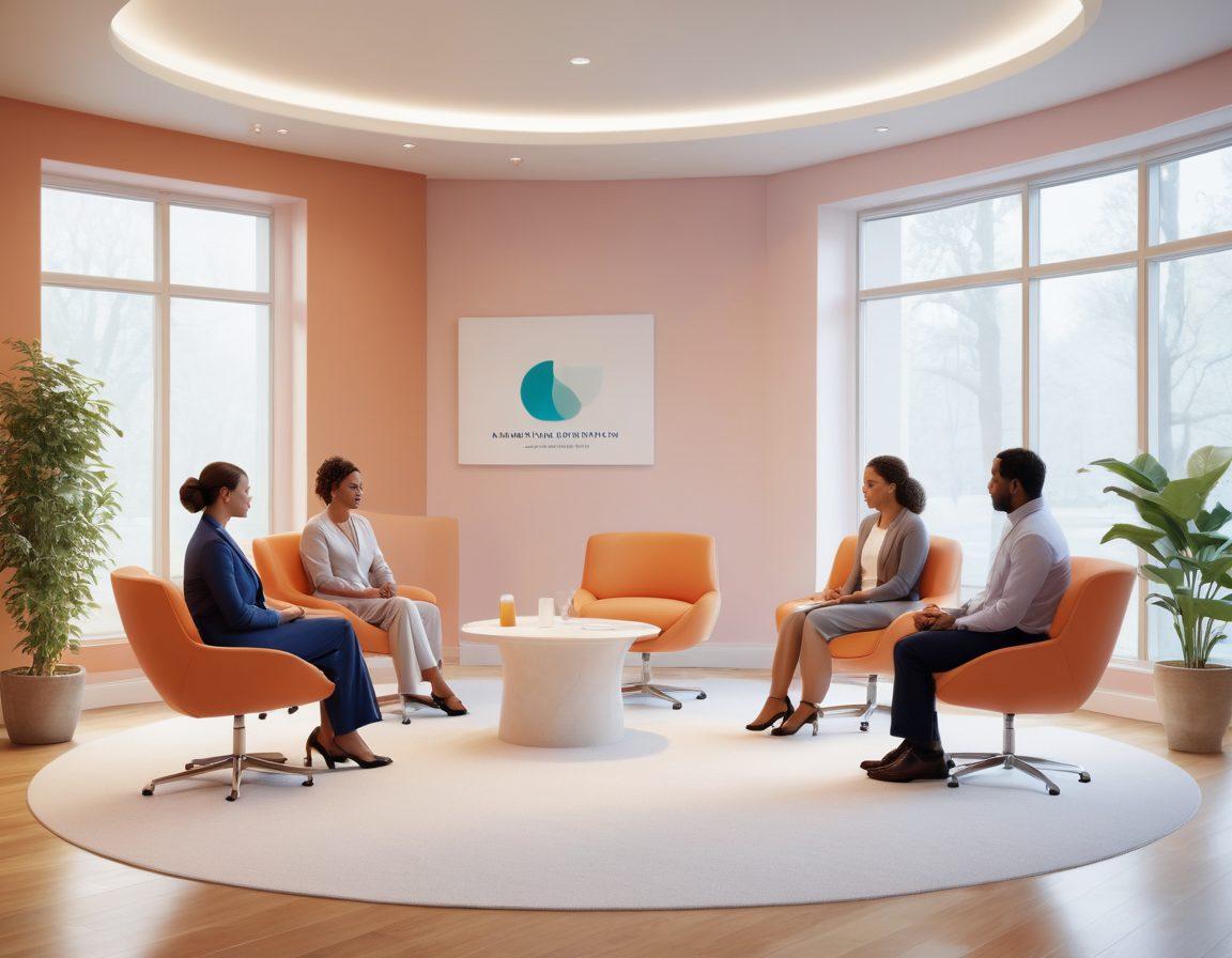 A balanced composition featuring a diverse group of people engaged in discussions about insurance solutions, intertwined with elements representing Bobath therapy, like therapeutic exercises or a therapy space. The background showcases a blend of a modern insurance office and a calming therapy environment, symbolizing support and guidance. Utilize soothing colors to evoke a sense of trust and healing. Include subtle graphic icons related to insurance and therapy. super-realistic. vibrant colors. calming atmosphere.