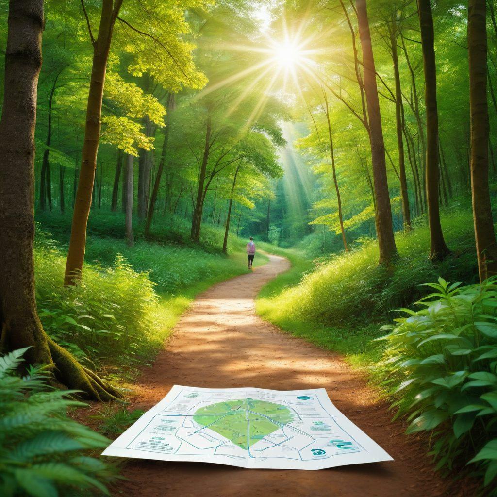 A serene landscape depicting a winding path through a lush green forest symbolizing the journey of choosing insurance. Alongside the path, diverse insurance policy icons (like health, life, property) are shown as signposts guiding the way. In the foreground, a person thoughtfully examines a map with a therapy symbol representing Bobath Therapy, reflecting deliberation and care. Soft sunlight filters through the trees, creating an inviting atmosphere. vibrant colors. digital illustration.